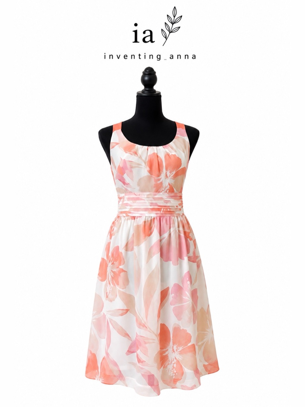 LOFT Peach Pink Floral Ruched Waist Fit & Flare Dress Size 8